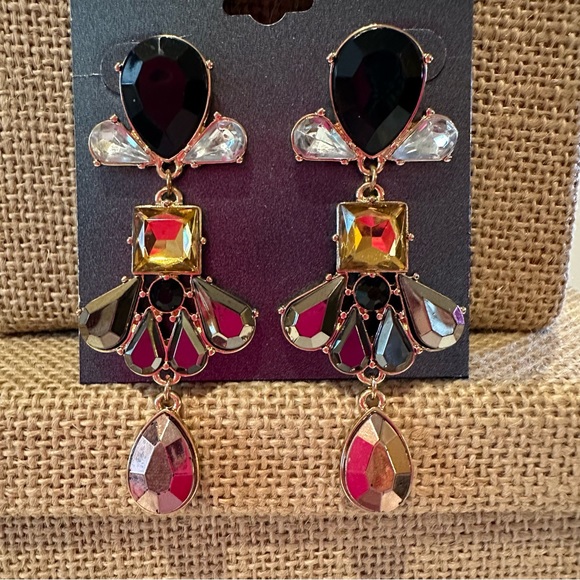 NWT Fashion Accents Earrings gold w/ black, yellow, topaz, clear jewel clusters - Picture 3 of 9